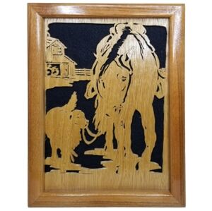 Oak Wooden Laser Cut Out Dog Leading Horse Farm Silhouette Picture Art Wall‎ Art